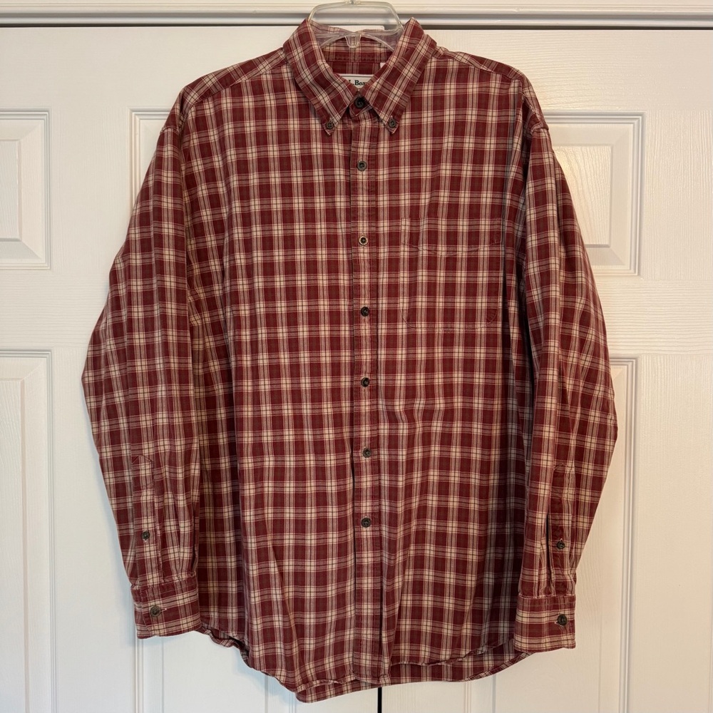 L.L. Bean Cotton Twill Plaid Shirt Brick Red L